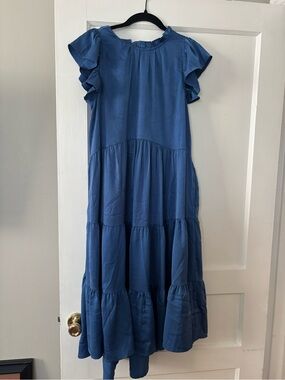 PINCH MIDI Navy Tiered Ruffle-Sleeve Dress
